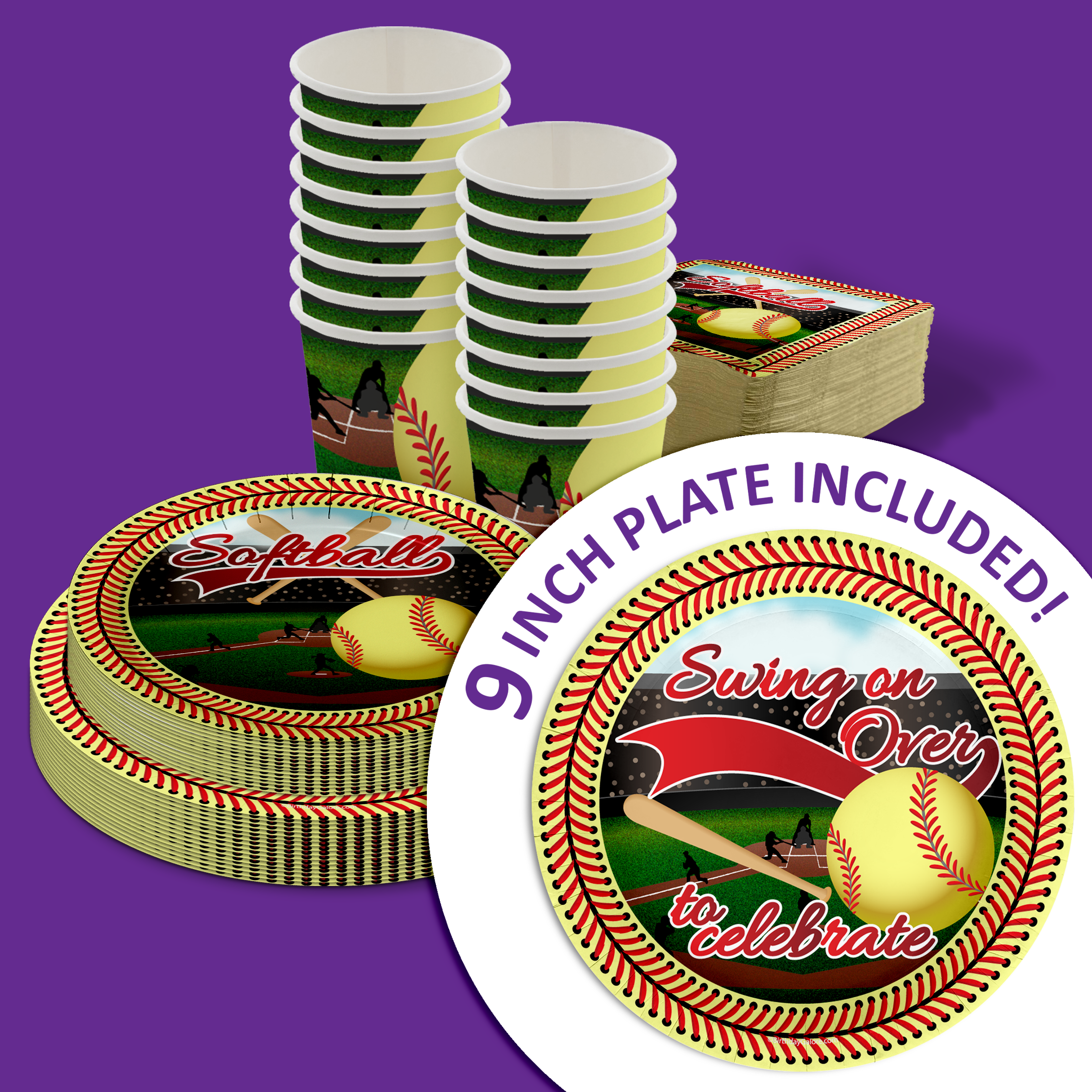 Softball Birthday Party Supplies 64 Piece Tableware Set Includes Large 9" Paper Plates Dessert Plates, Cups and Napkins Kit for 16
