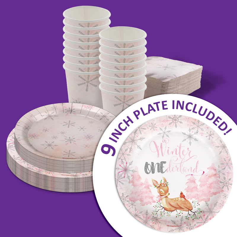Pink Snowflake Winter Onederland 1st Birthday Party Tableware Kit For 16 Guests 64 Piece
