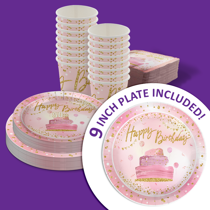Pink and Gold 50th Birthday Party Tableware Kit For 16 Guests 64 Piece