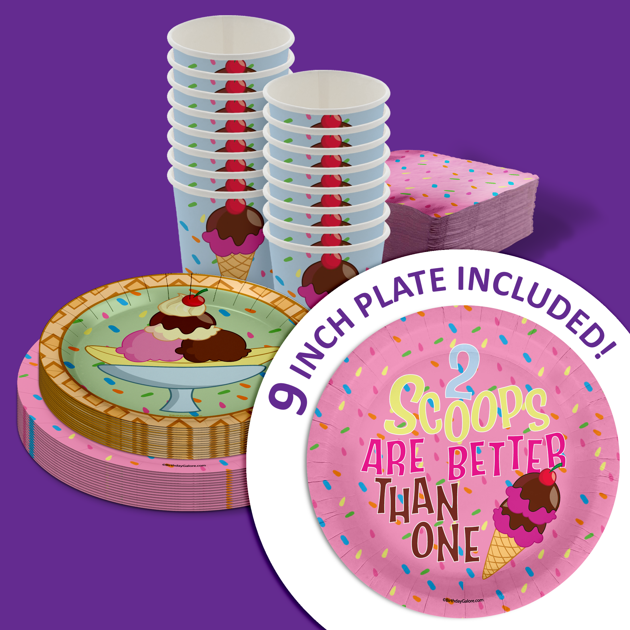 Girls 2nd Birthday Party Supplies - 2 Scoops Ice Cream Birthday Paper Plates - 64 Piece Tableware Set Includes Large 9" Paper Plates Dessert Plates, Cups and Napkins Kit for 16