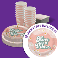 Let's Get Groovy Nine is a Vibe Birthday Party Tableware Kit For 16 Guests 64 Piece