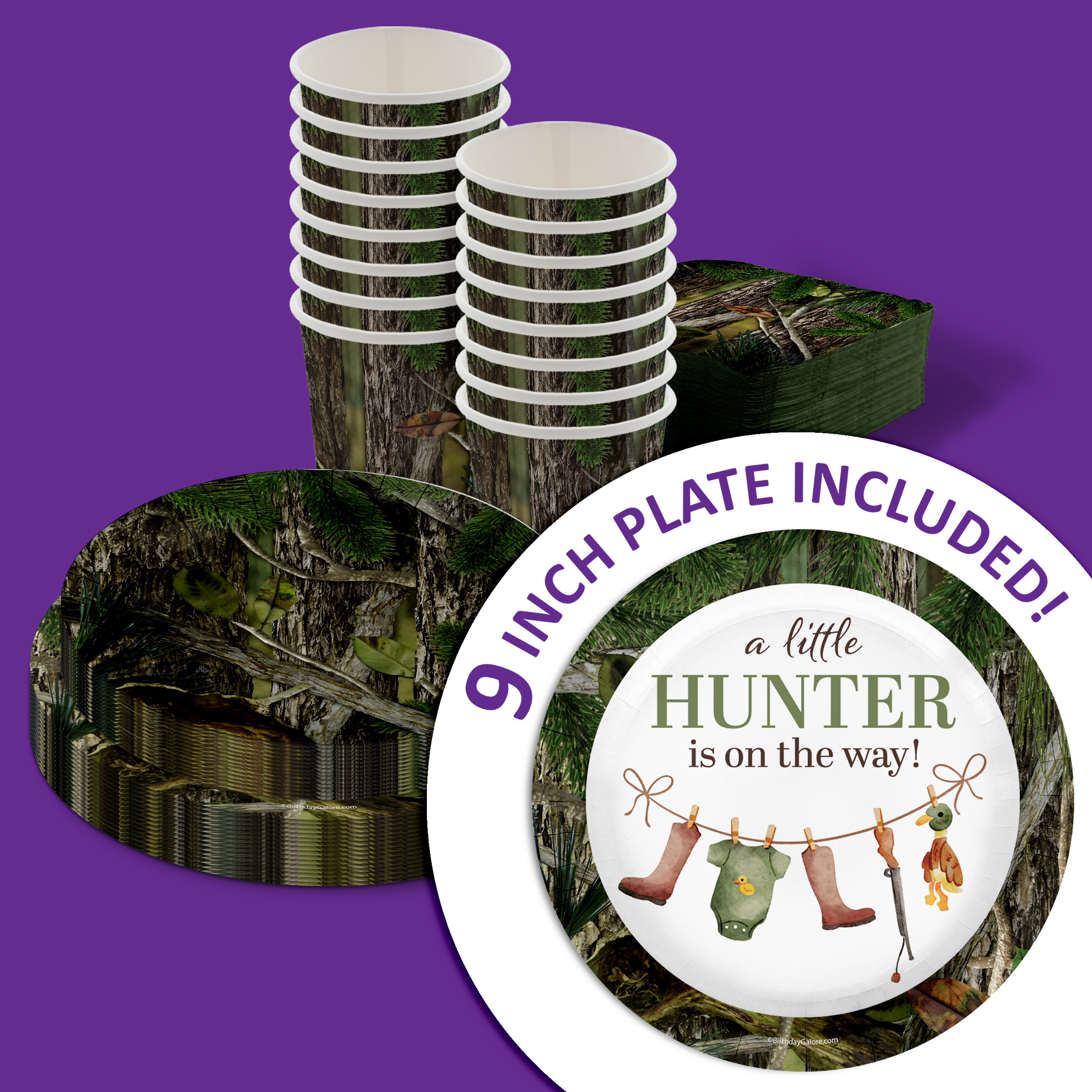 Duck Hunter Baby Shower Party Supplies 64 Piece Tableware Set Includes Large 9" Paper Plates Dessert Plates, Cups and Napkins Kit for 16