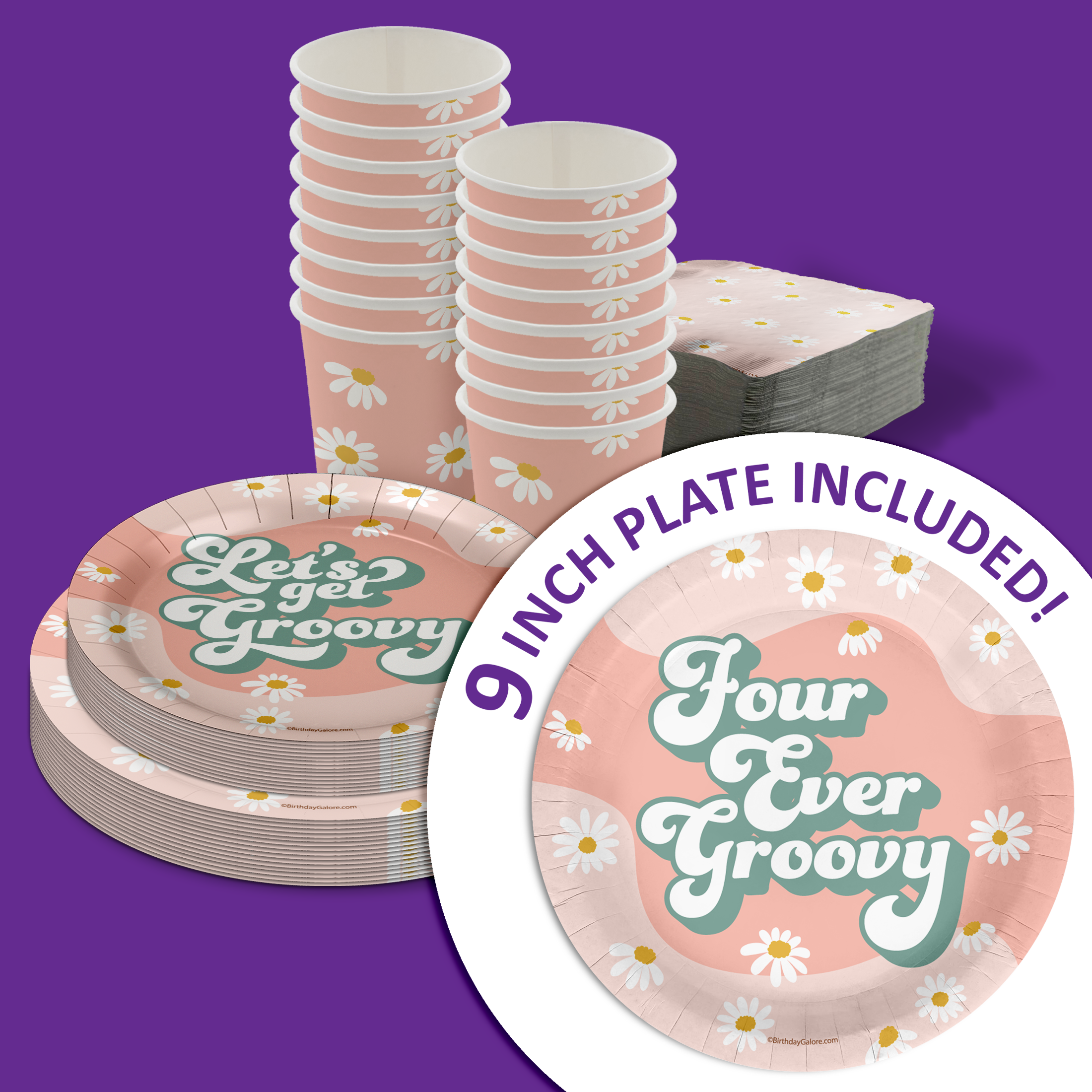 Let's Get Groovy Four Ever Groovy Birthday Party Tableware Kit For 16 Guests 64 Piece