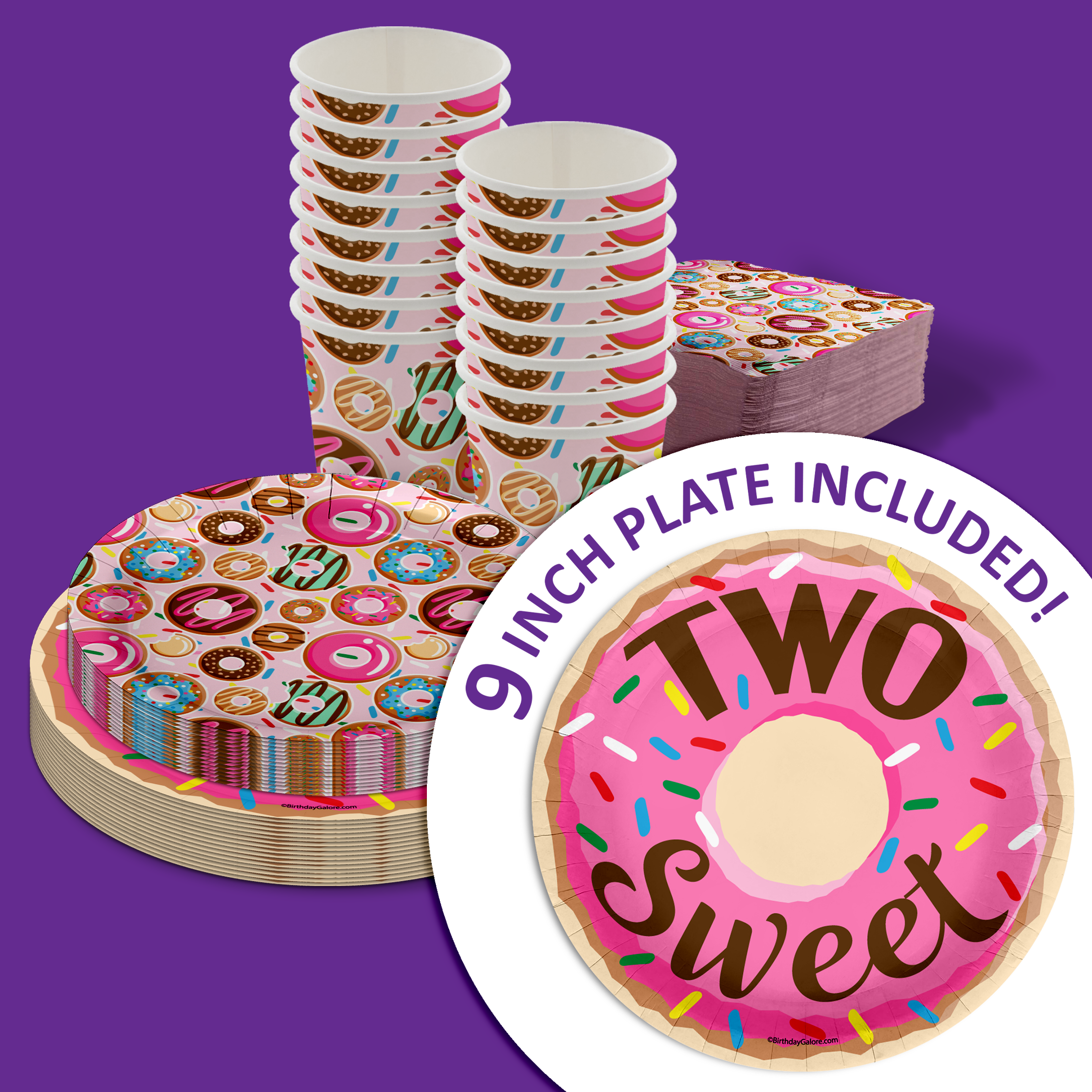 Two Sweet Donut 2nd Birthday Party Tableware Kit For 16 Guests 64 Piece