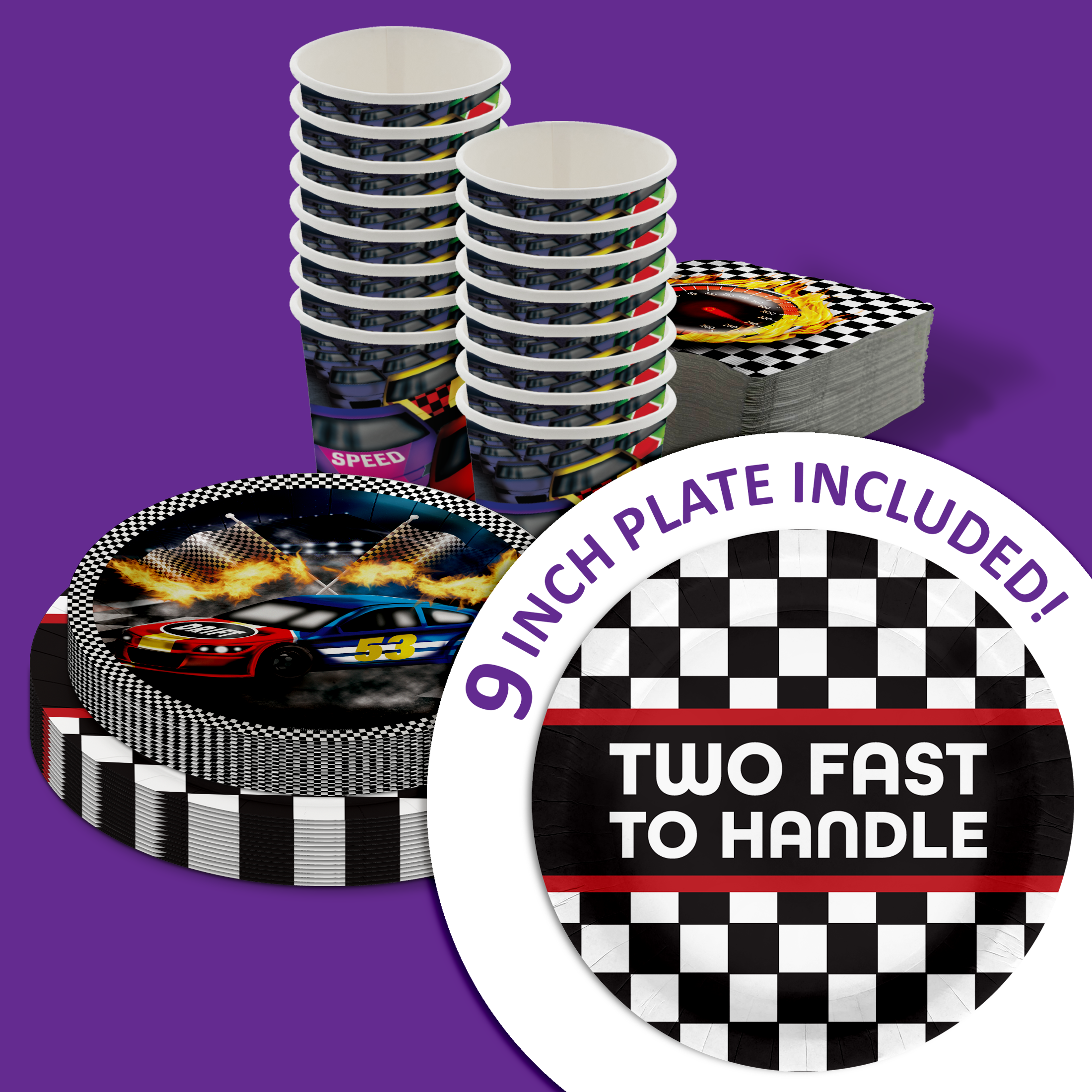 Two Fast Too Handle Race Day 2nd Birthday Party Tableware Kit For 16 Guests 64 Piece