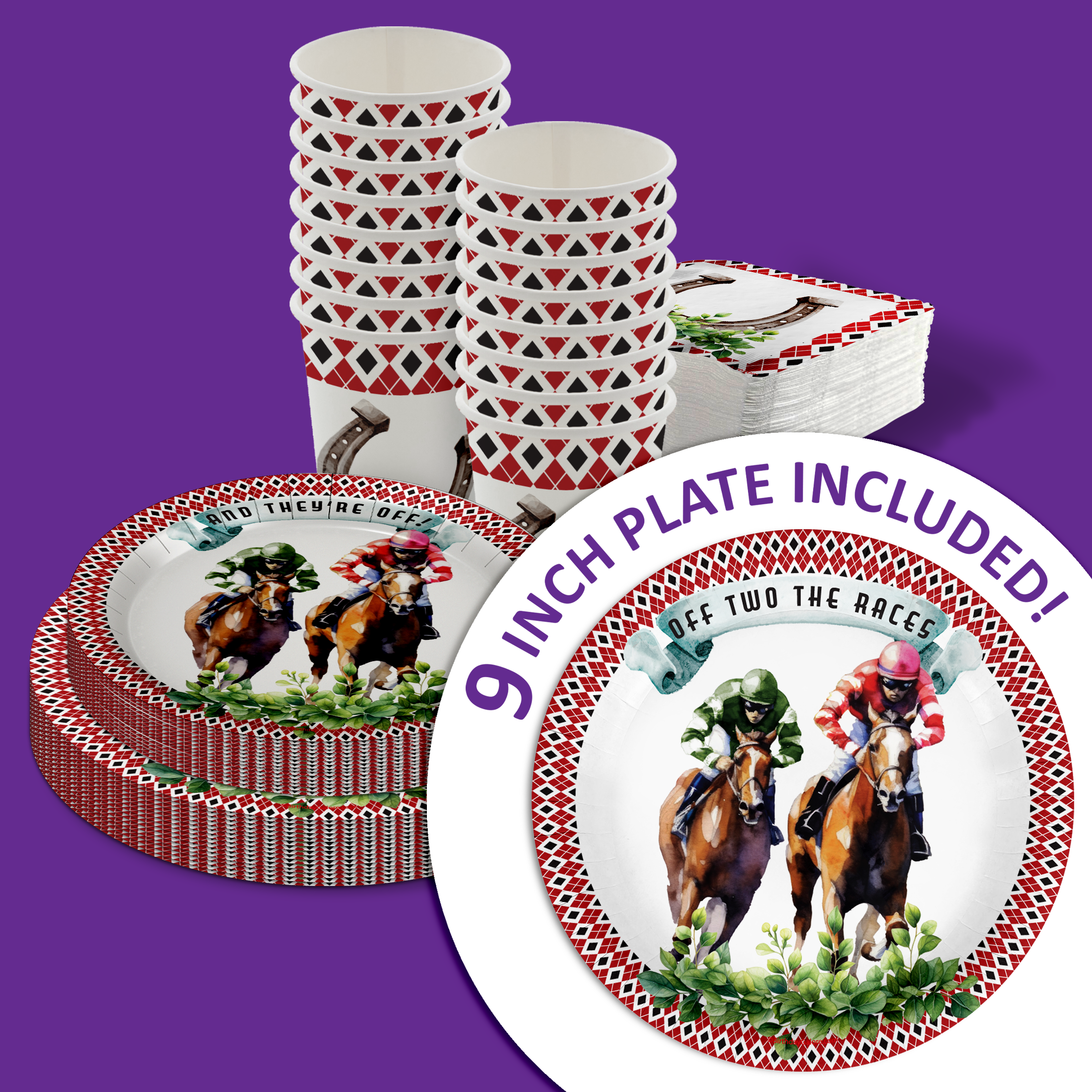 Off Two the Races Derby Day 2nd Birthday Party Supplies 64 Piece Tableware Set Includes Large 9" Paper Plates Dessert Plates, Cups and Napkins Kit for 16