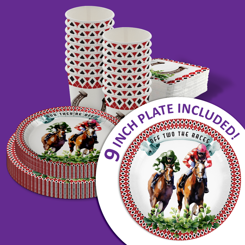 Off Two the Races Derby Day 2nd Birthday Party Supplies 64 Piece Tableware Set Includes Large 9" Paper Plates Dessert Plates, Cups and Napkins Kit for 16
