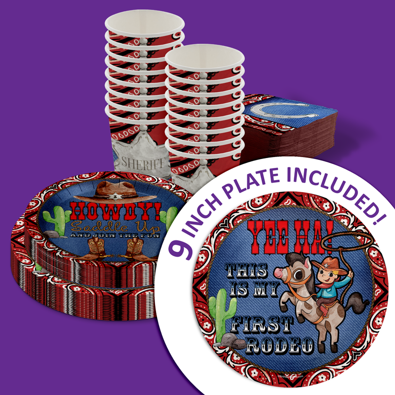 Cowboy Western 1st Rodeo Birthday Party Tableware Kit For 16 Guests 64 Piece