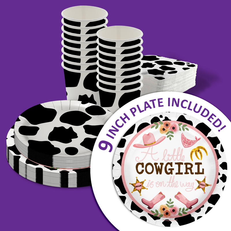 Little Cowgirl on the Way Cow Print Baby Shower Party Tableware Kit For 16 Guests 64 Piece