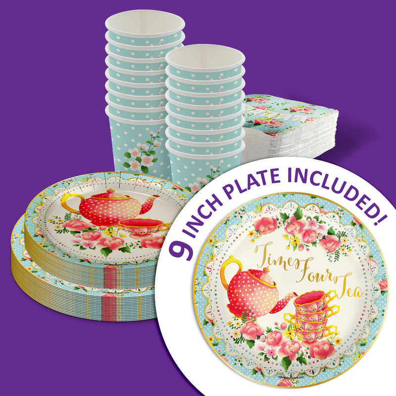 Time Four Tea 4th Birthday Party Supplies 64 Piece Tableware Set Includes Large 9" Paper Plates Dessert Plates, Cups and Napkins Kit for 16