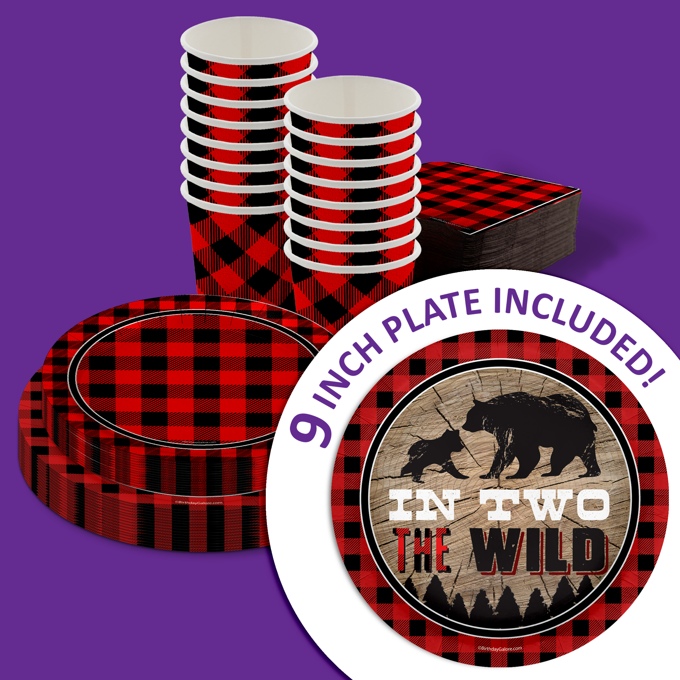 In Two the Wild Buffalo Plaid 2nd Birthday Party Tableware Kit For 16 Guests 64 Piece