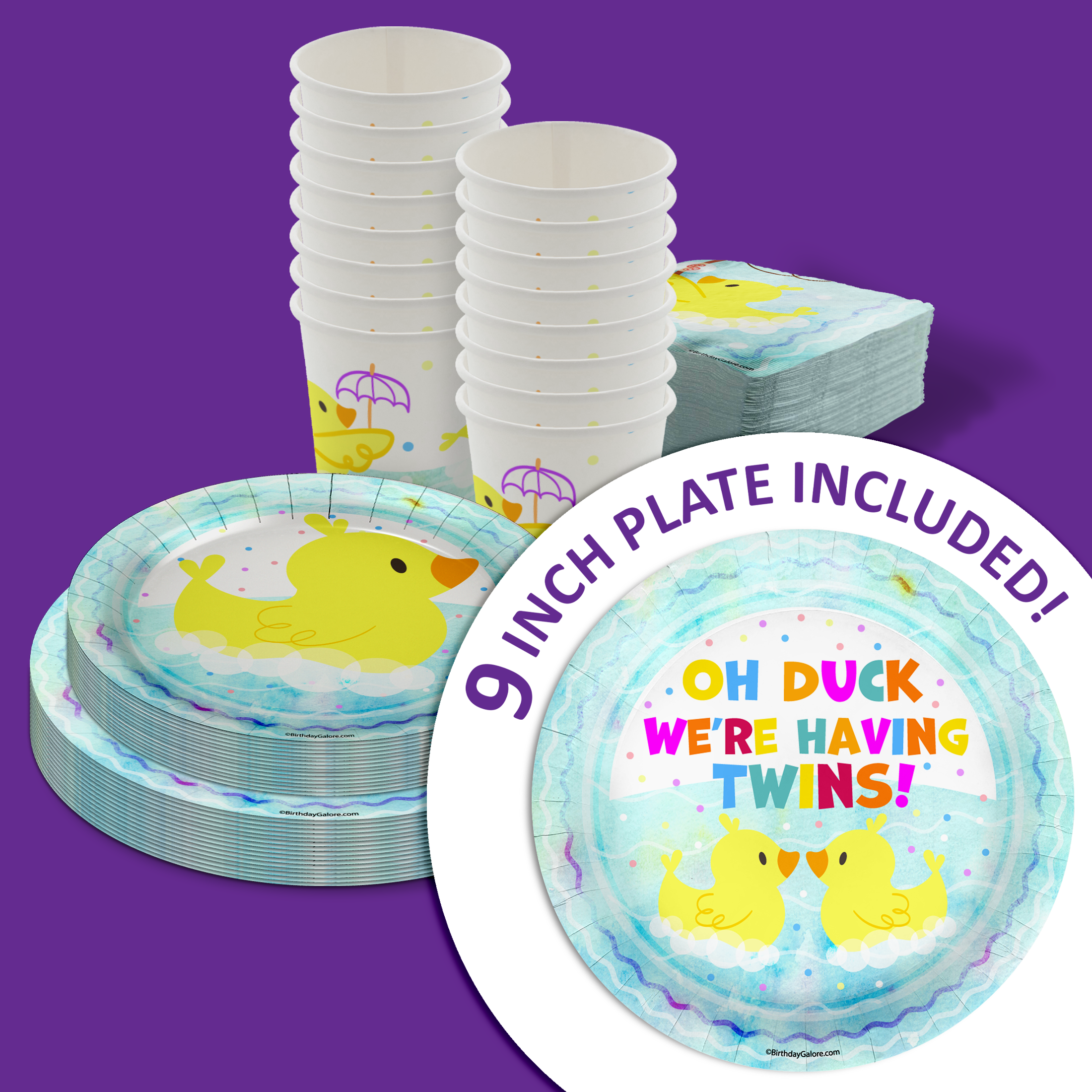 Oh Duck! We're Having Twins Baby Shower Party Supplies 64 Piece Tableware Set Includes Large 9" Paper Plates Dessert Plates, Cups and Napkins Kit for 16