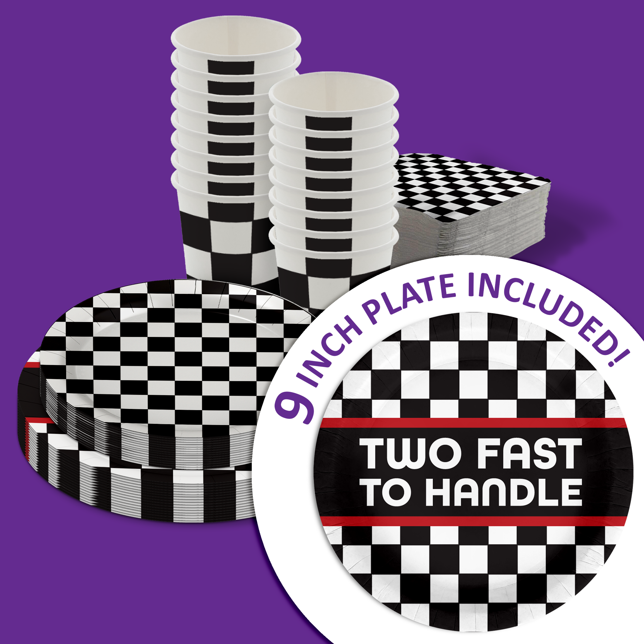 Two Fast Too Handle Checkered Flag 2nd Birthday Party Tableware Kit For 16 Guests 64 Piece