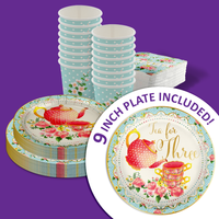 Tea for Three 3rd Birthday Party Supplies 64 Piece Tableware Set Includes Large 9" Paper Plates Dessert Plates, Cups and Napkins Kit for 16