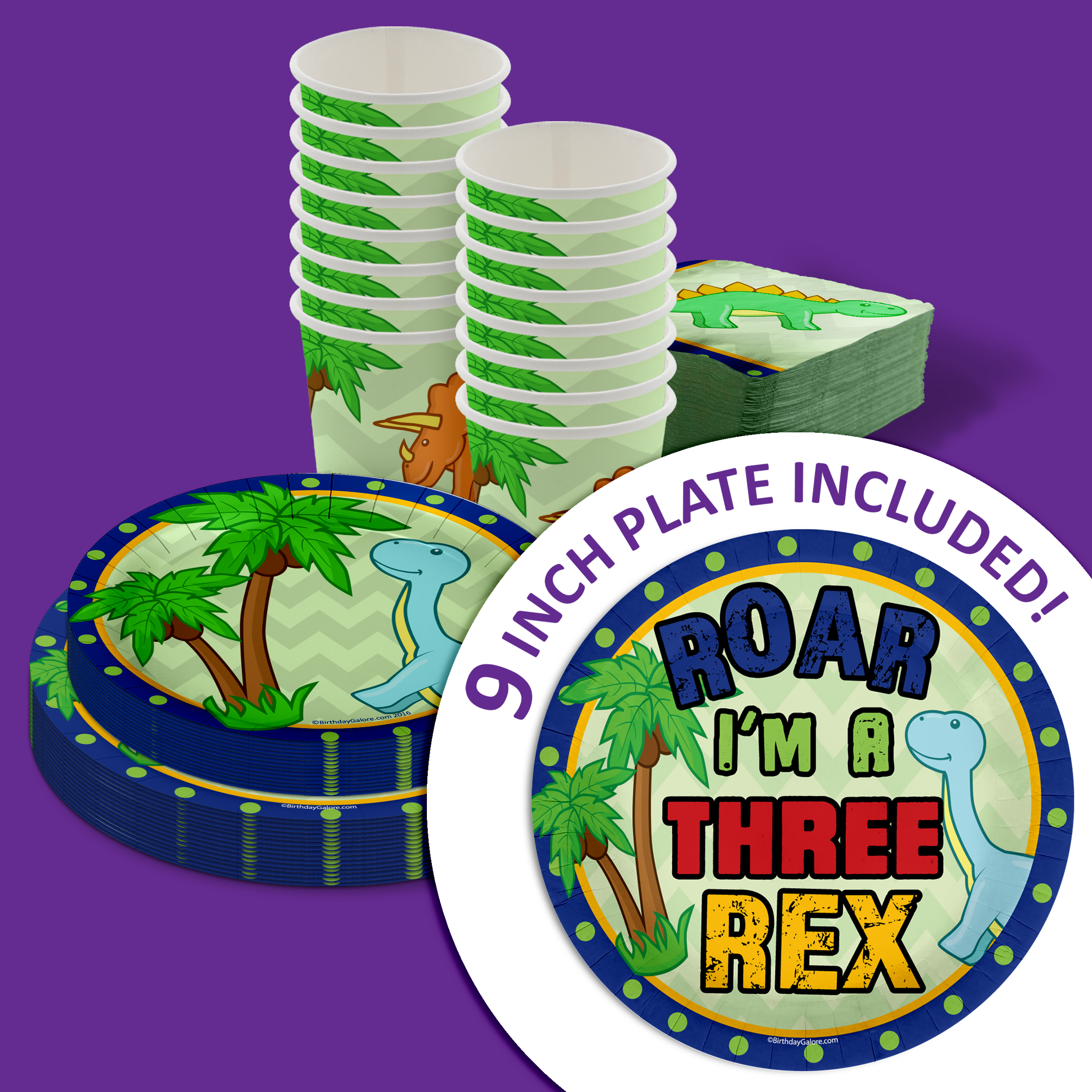 Three Rex Dinosaur Boy's 3rd Birthday Party Tableware Kit For 16 Guests 64 Piece
