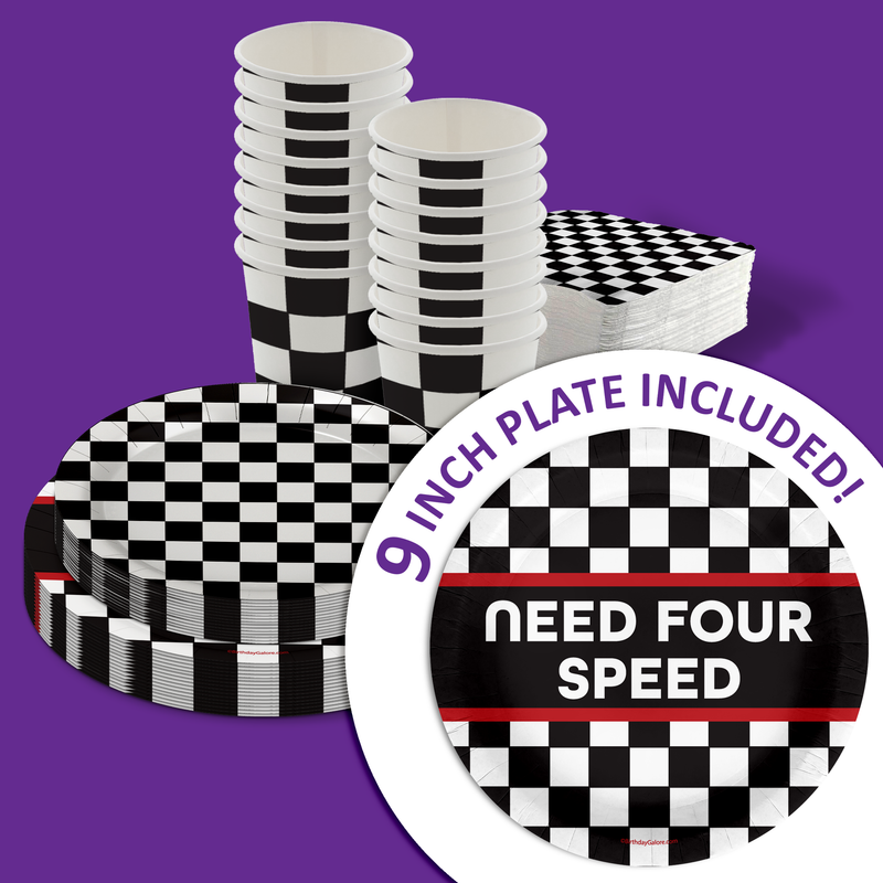 Need Four Speed Checkered Flag Racing 4th Birthday Party Supplies 64 Piece Tableware Set Includes Large 9" Paper Plates Dessert Plates, Cups and Napkins Kit for 16