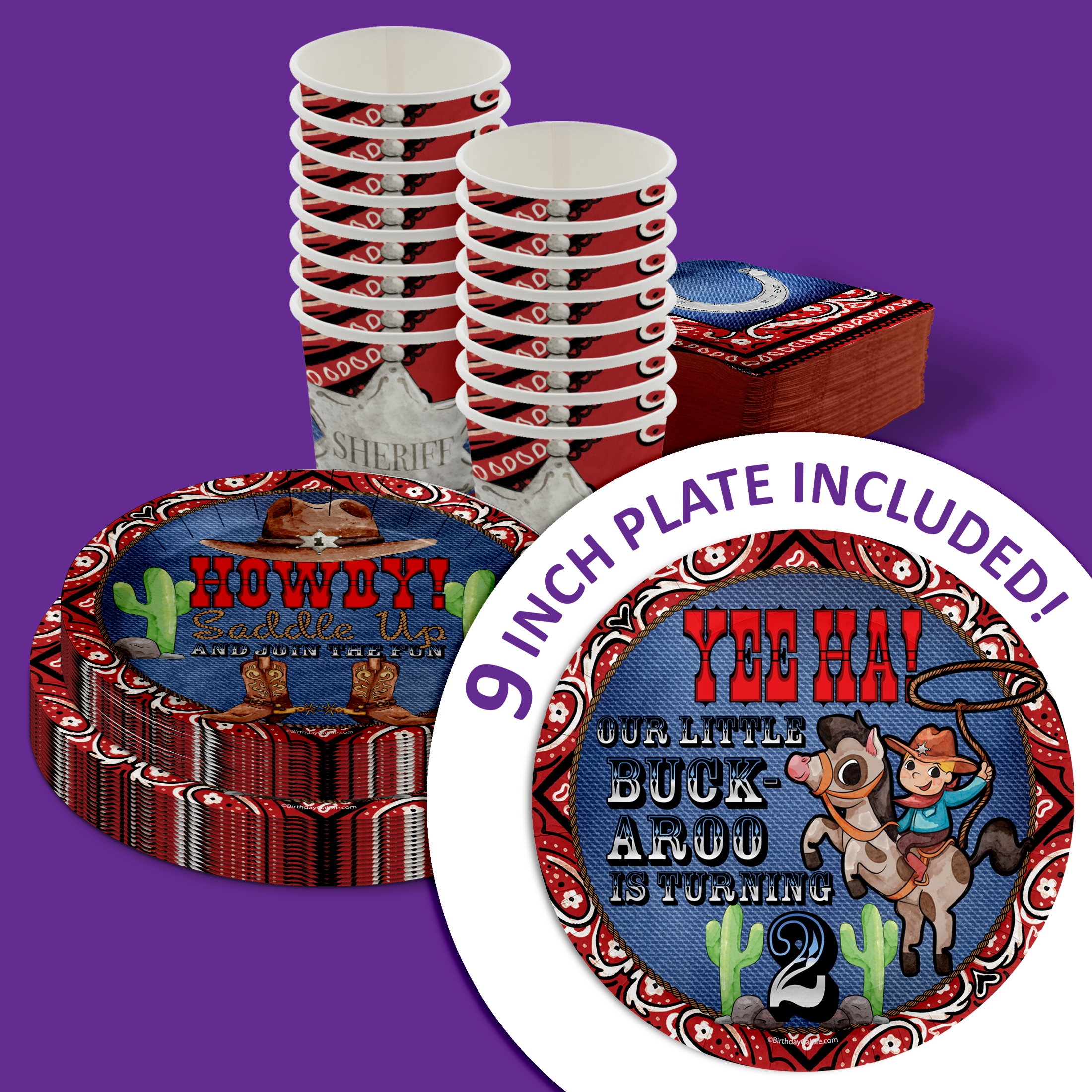 Our Little Buckaroo is Turning Two 2nd Birthday Party Supplies 64 Piece Tableware Set Includes Large 9" Paper Plates Dessert Plates, Cups and Napkins Kit for 16