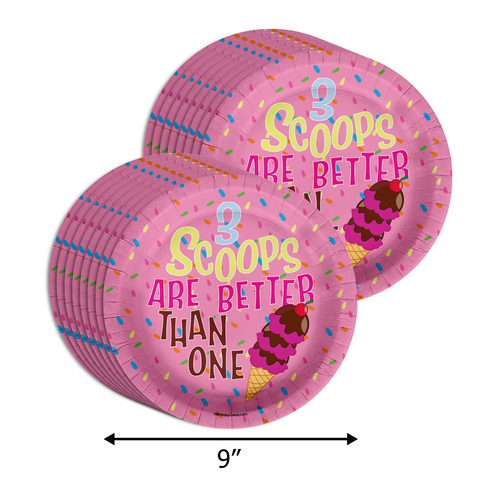 Girls 3rd Birthday Party Supplies - Three Scoops Ice Cream Birthday Paper Plates - 64 Piece Tableware Set Includes Large 9" Paper Plates Dessert Plates, Cups and Napkins Kit for 16