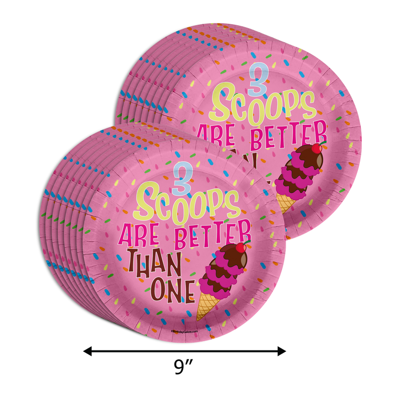 Girls 3rd Birthday Party Supplies - Three Scoops Ice Cream Birthday Paper Plates - 64 Piece Tableware Set Includes Large 9" Paper Plates Dessert Plates, Cups and Napkins Kit for 16