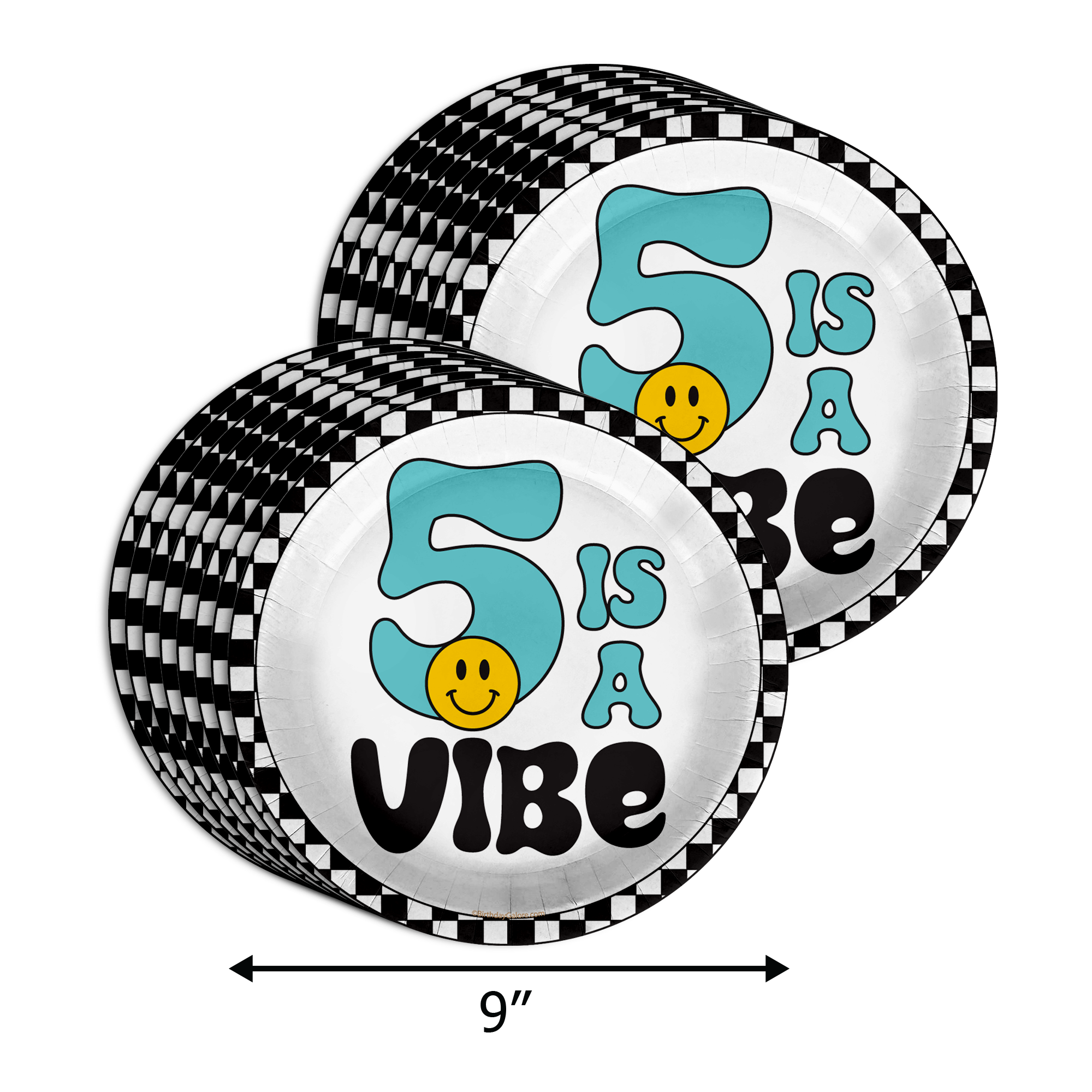 Five is a Vibe Smiley Face 5th Birthday Party Supplies 64 Piece Tableware Set Includes Large 9" Dinner Plate and Small Dessert Plates Cups and Napkins Tableware Kit for 16