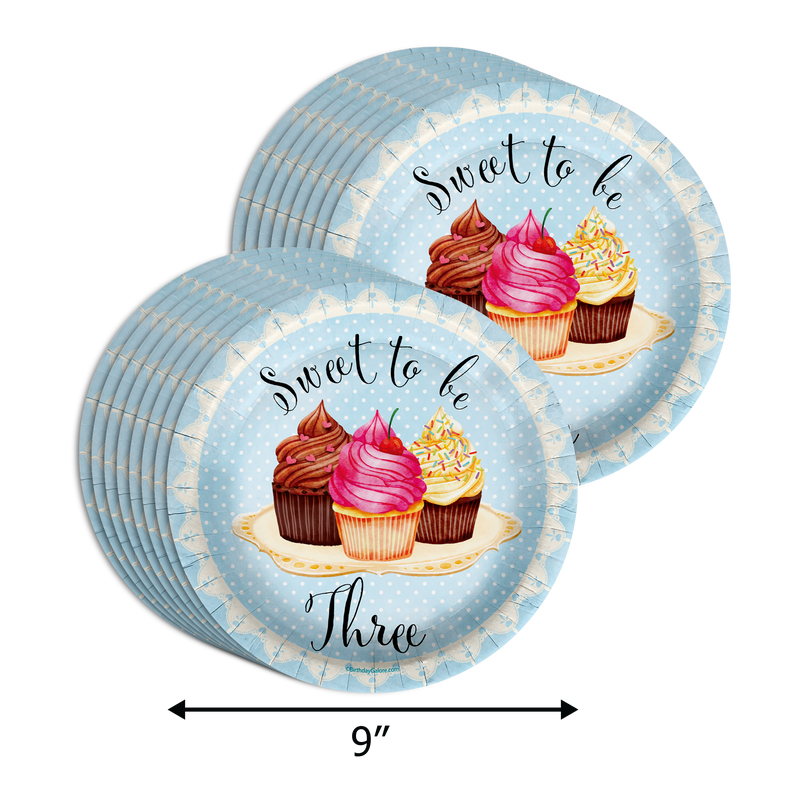 Sweet to Be Three Cupcake 3rd Birthday Party Supplies 64 Piece Tableware Set Includes Large 9" Paper Plates Dessert Plates, Cups and Napkins Kit for 16