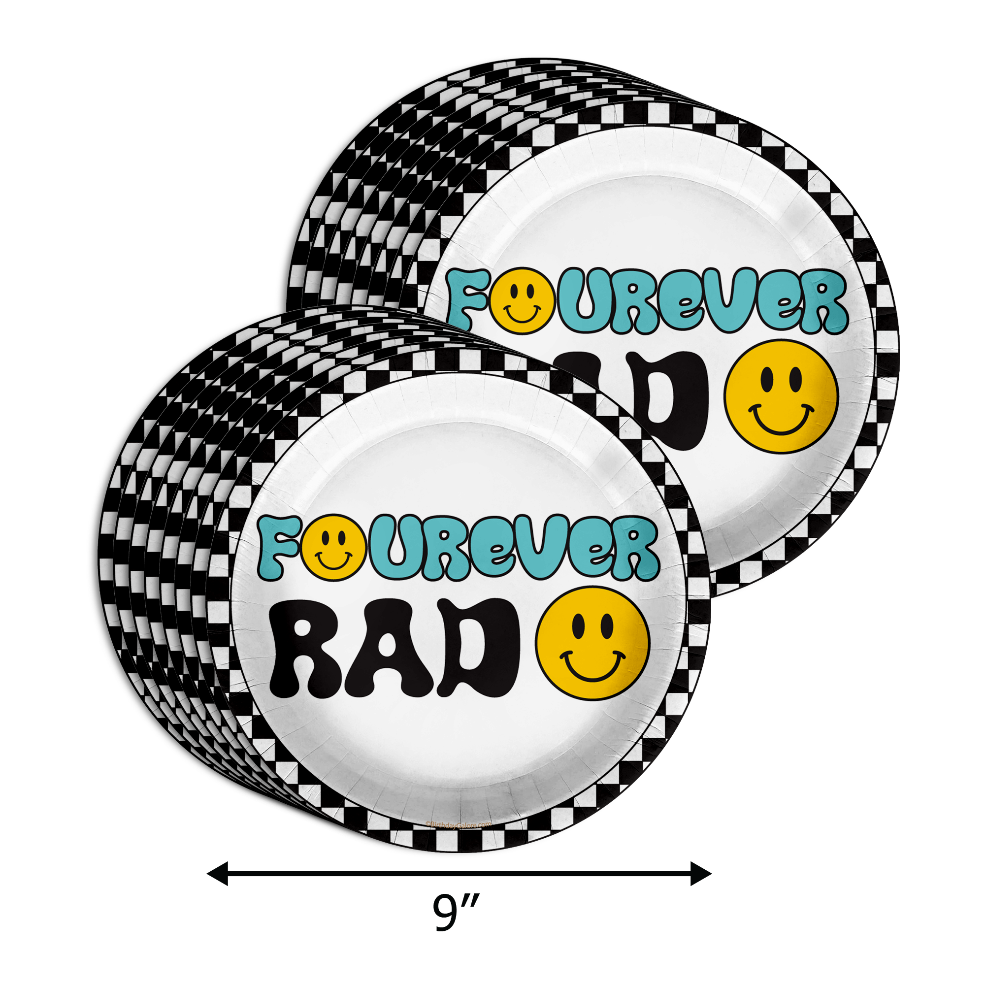 Fourever Rad Smiley Face 4th Birthday Party Supplies 64 Piece Tableware Set Includes Large 9" Dinner Plate and Small Dessert Plates Cups and Napkins Tableware Kit for 16