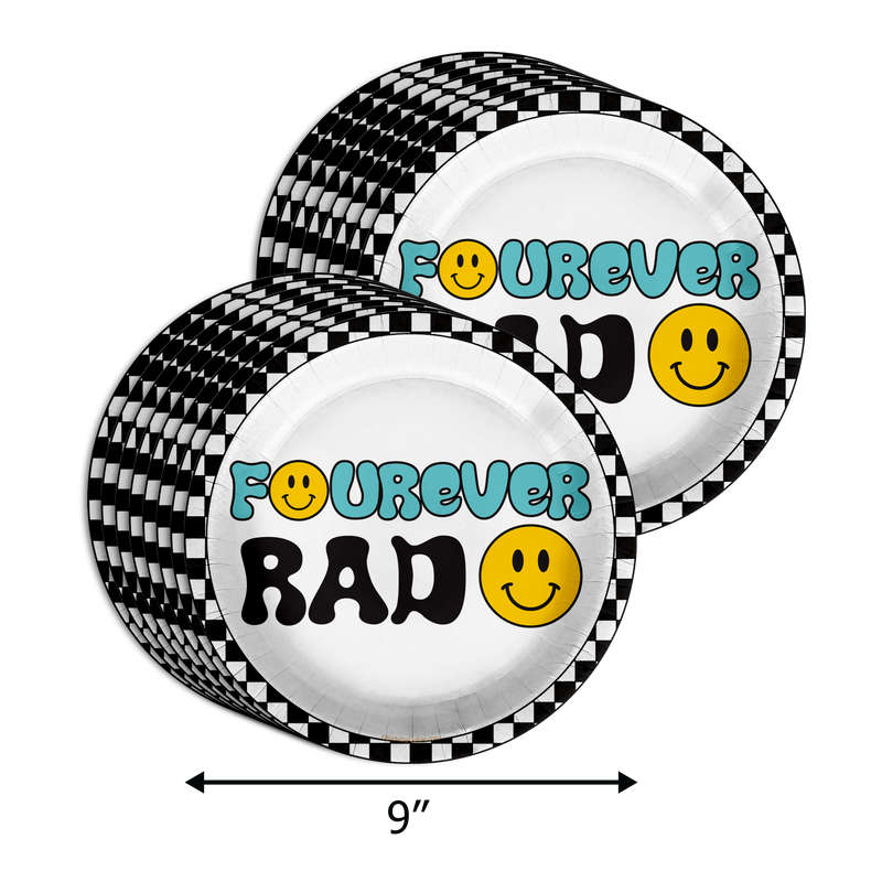 Fourever Rad Smiley Face 4th Birthday Party Supplies 64 Piece Tableware Set Includes Large 9" Dinner Plate and Small Dessert Plates Cups and Napkins Tableware Kit for 16