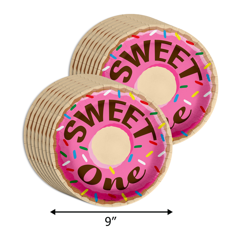 Girls 1st Birthday Party Supplies - Sweet One Donut Birthday Paper Plates - 64 Piece Tableware Set Includes Large 9" Paper Plates Dessert Plates, Cups and Napkins Kit for 16