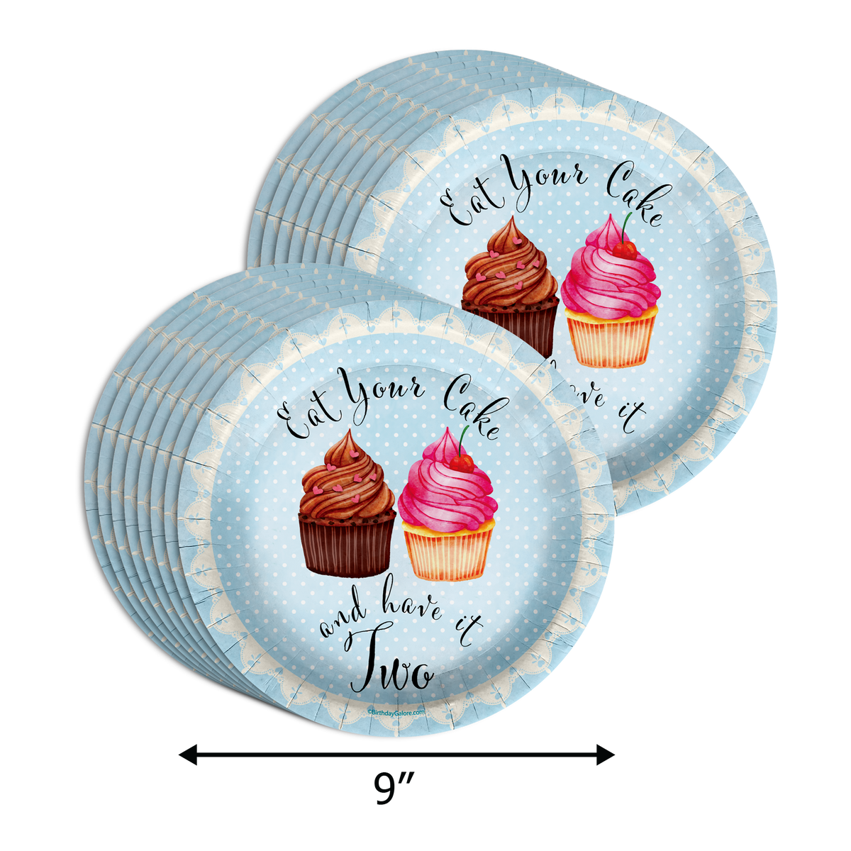 Have Your Cake and Eat it Two Cupcake 2nd Birthay Party Supplies 64 Piece Tableware Set Includes Large 9" Paper Plates Dessert Plates, Cups and Napkins Kit for 16