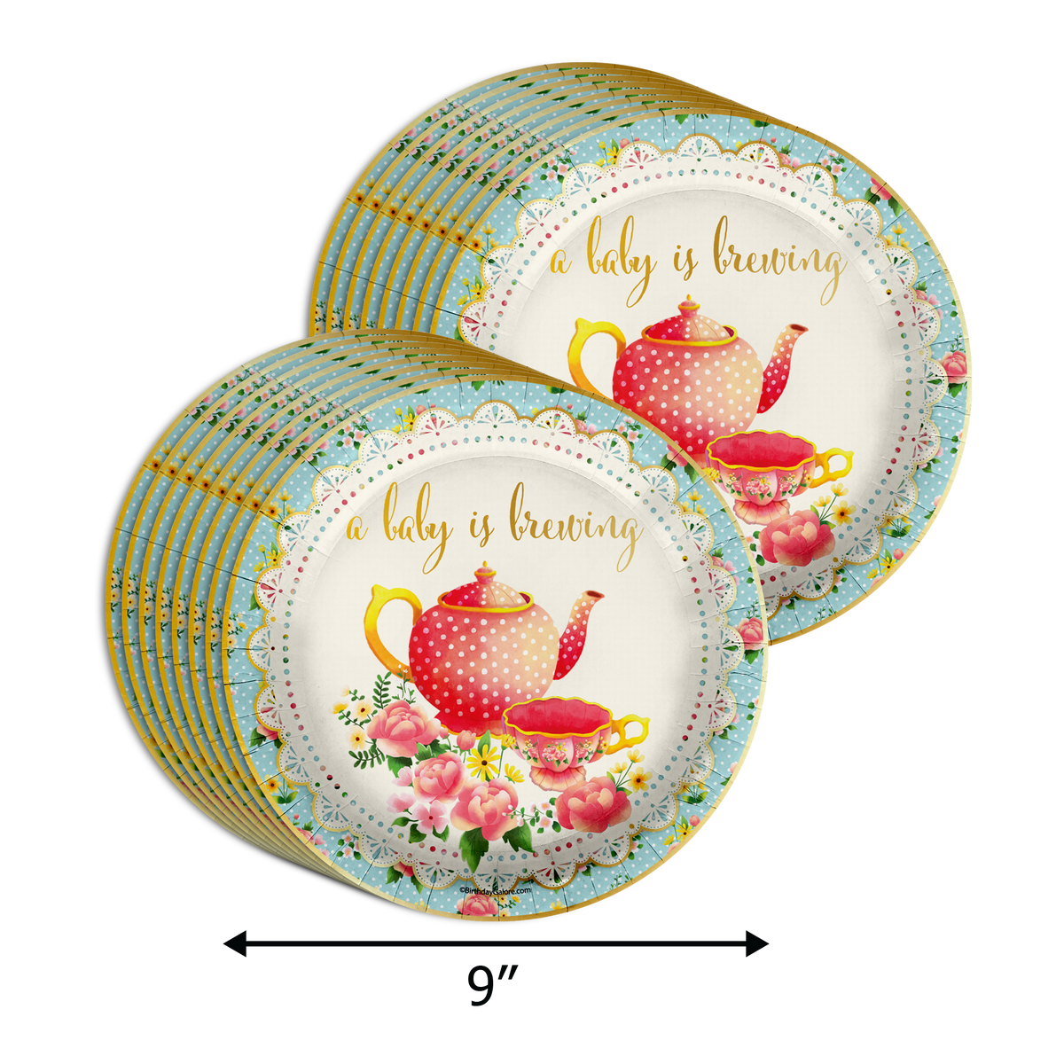 Baby is Brewing Tea Baby Shower Party Supplies 64 Piece Tableware Set Includes Large 9" Paper Plates Dessert Plates, Cups and Napkins Kit for 16