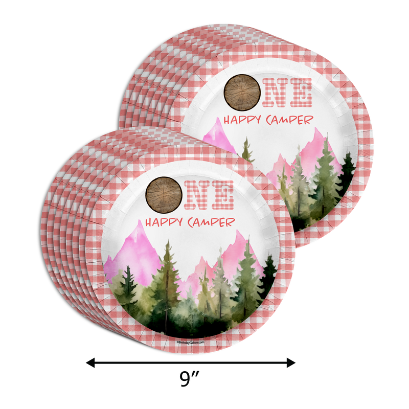 One Happy Camper Girl's 1st Birthday Party Supplies 64 Piece Tableware Set Includes Large 9" Paper Plates Dessert Plates, Cups and Napkins Kit for 16