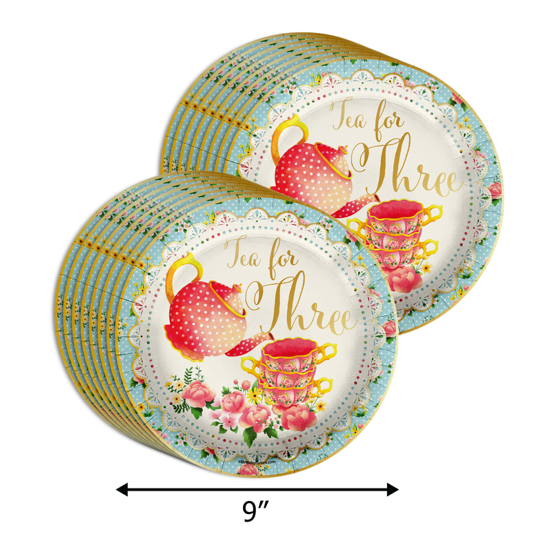 Tea for Three 3rd Birthday Party Supplies 64 Piece Tableware Set Includes Large 9" Paper Plates Dessert Plates, Cups and Napkins Kit for 16