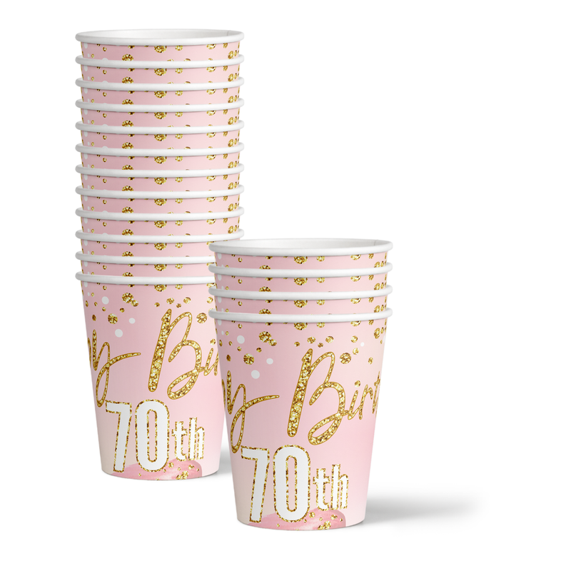 Pink and Gold 70th Birthday Party Tableware Kit For 16 Guests 64 Piece