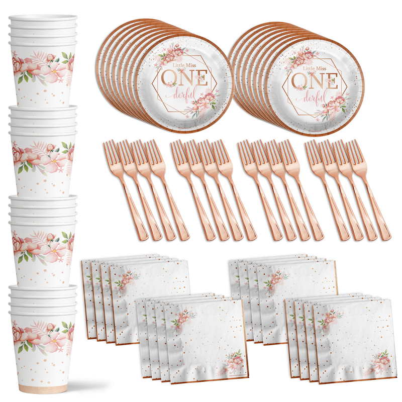 Little Miss Onederful Floral 1st Birthday Party Tableware Kit For 16 Guests
