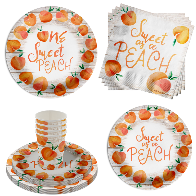 One Sweet Peach 1st Birthday Party Supplies 64 Piece Tableware Set Includes Large 9" Paper Plates Dessert Plates, Cups and Napkins Kit for 16