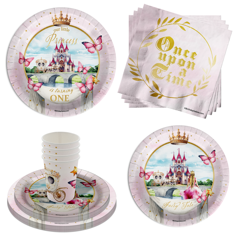 Fairytale Princess 1st Birthday Party Supplies 64 Piece Tableware Set Includes Large 9" Paper Plates Dessert Plates, Cups and Napkins Kit for 16