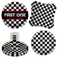Fast One Checkered Flag Racing 1st Birthday Party Supplies 64 Piece Tableware Set Includes Large 9" Paper Plates Dessert Plates, Cups and Napkins Kit for 16