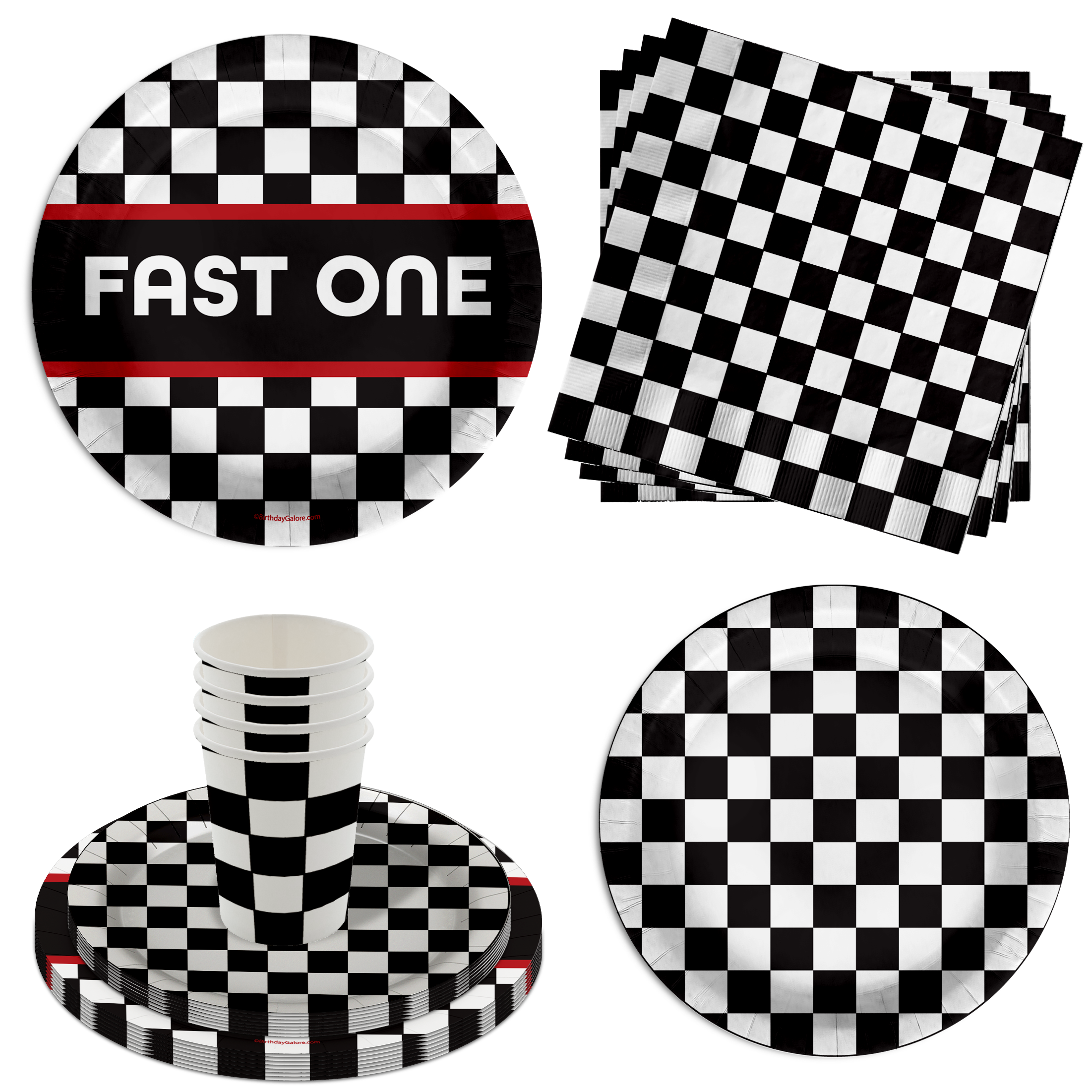 Fast One Checkered Flag Racing 1st Birthday Party Supplies 64 Piece Tableware Set Includes Large 9" Paper Plates Dessert Plates, Cups and Napkins Kit for 16