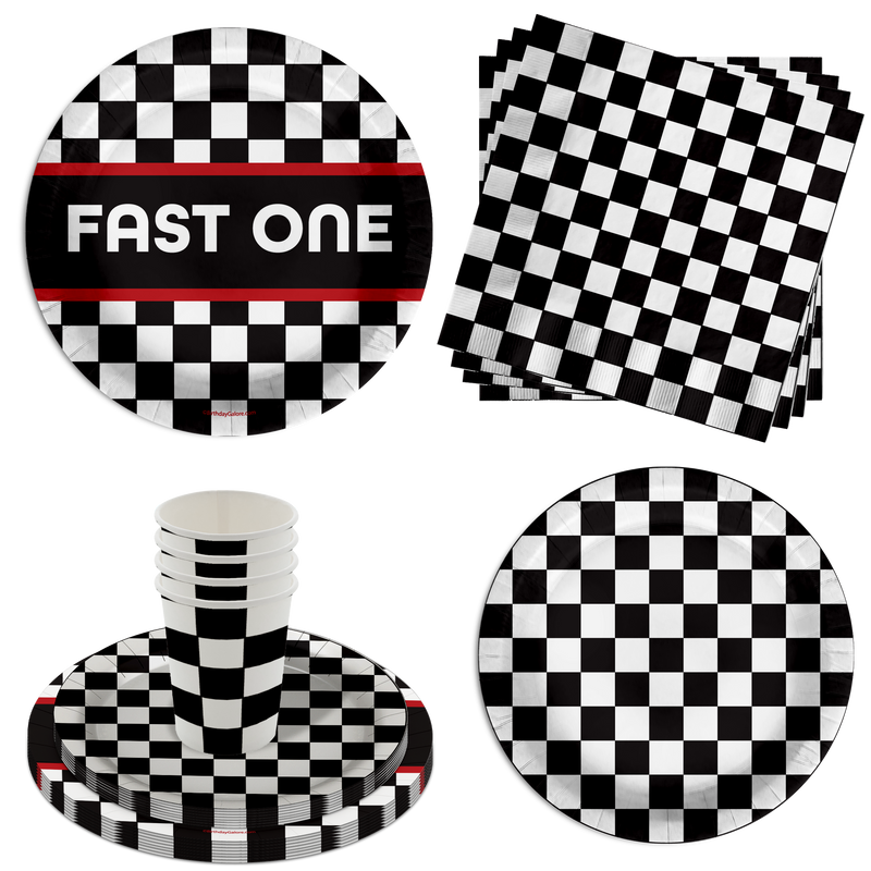 Fast One Checkered Flag Racing 1st Birthday Party Supplies 64 Piece Tableware Set Includes Large 9" Paper Plates Dessert Plates, Cups and Napkins Kit for 16