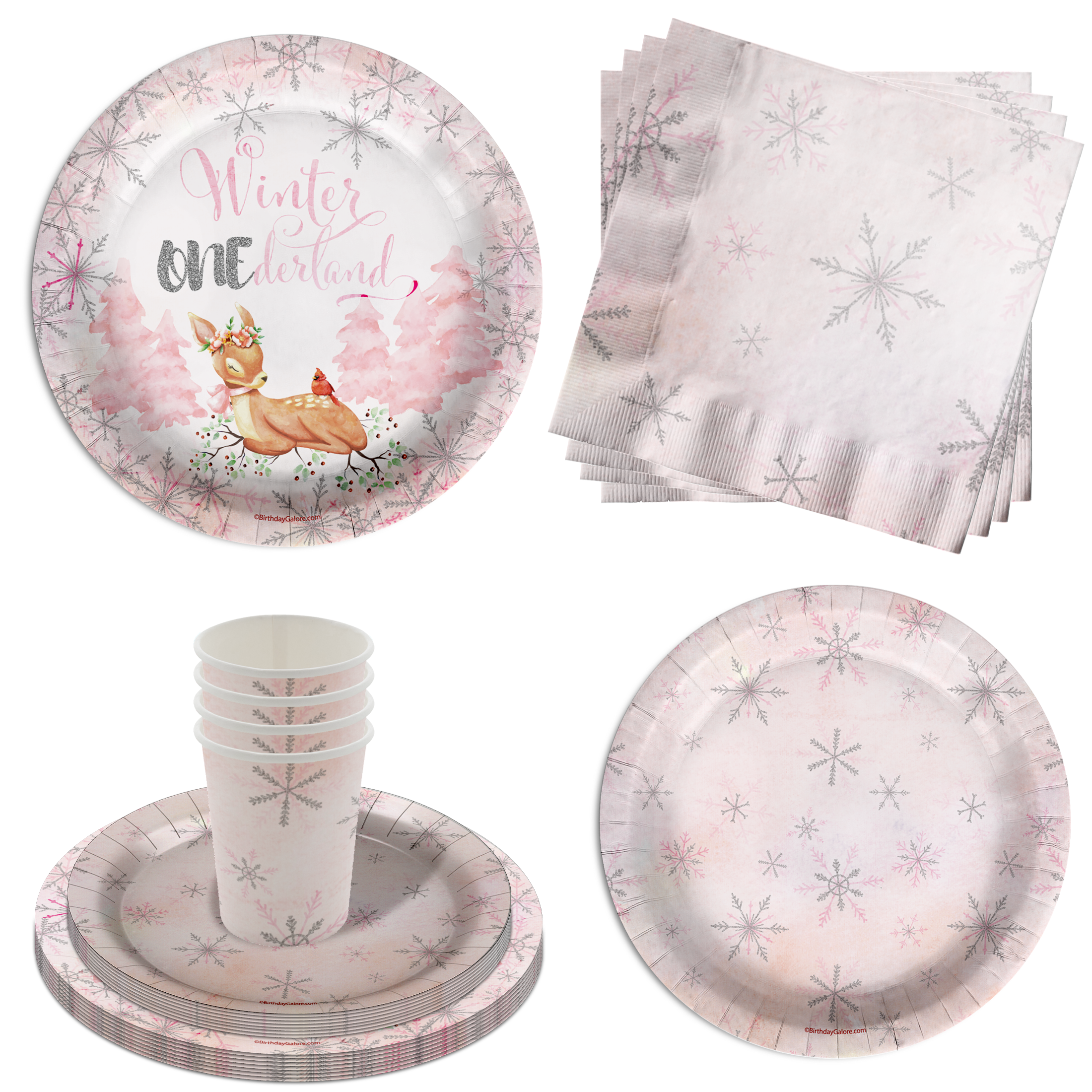 Pink Snowflake Winter Onederland 1st Birthday Party Tableware Kit For 16 Guests 64 Piece