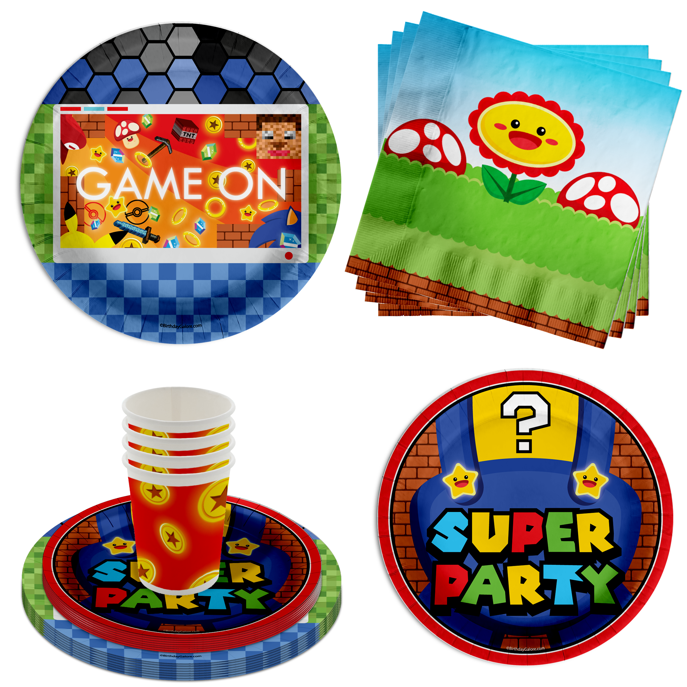 Video Game Mario Birthday Party Tableware Kit For 16 Guests 64 Piece