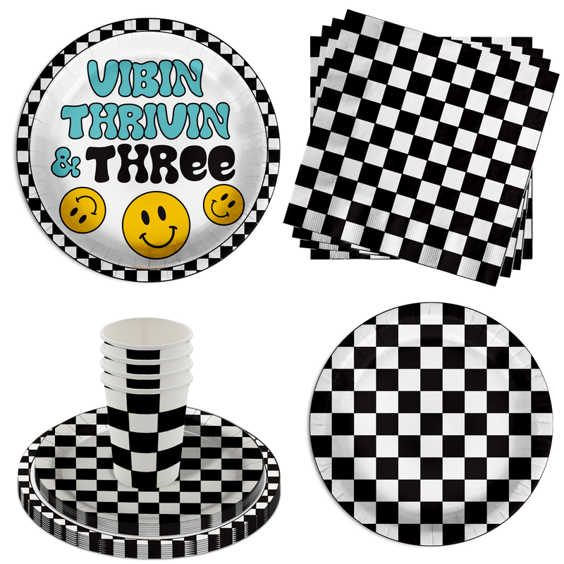 Vibin Thrivin' and Three Smiley Face 3rd Birthday Party Supplies 64 Piece Tableware Set Includes Large 9" Dinner Plate and Small Dessert Plates Cups and Napkins Tableware Kit for 16