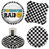 Fourever Rad Smiley Face 4th Birthday Party Supplies 64 Piece Tableware Set Includes Large 9" Dinner Plate and Small Dessert Plates Cups and Napkins Tableware Kit for 16