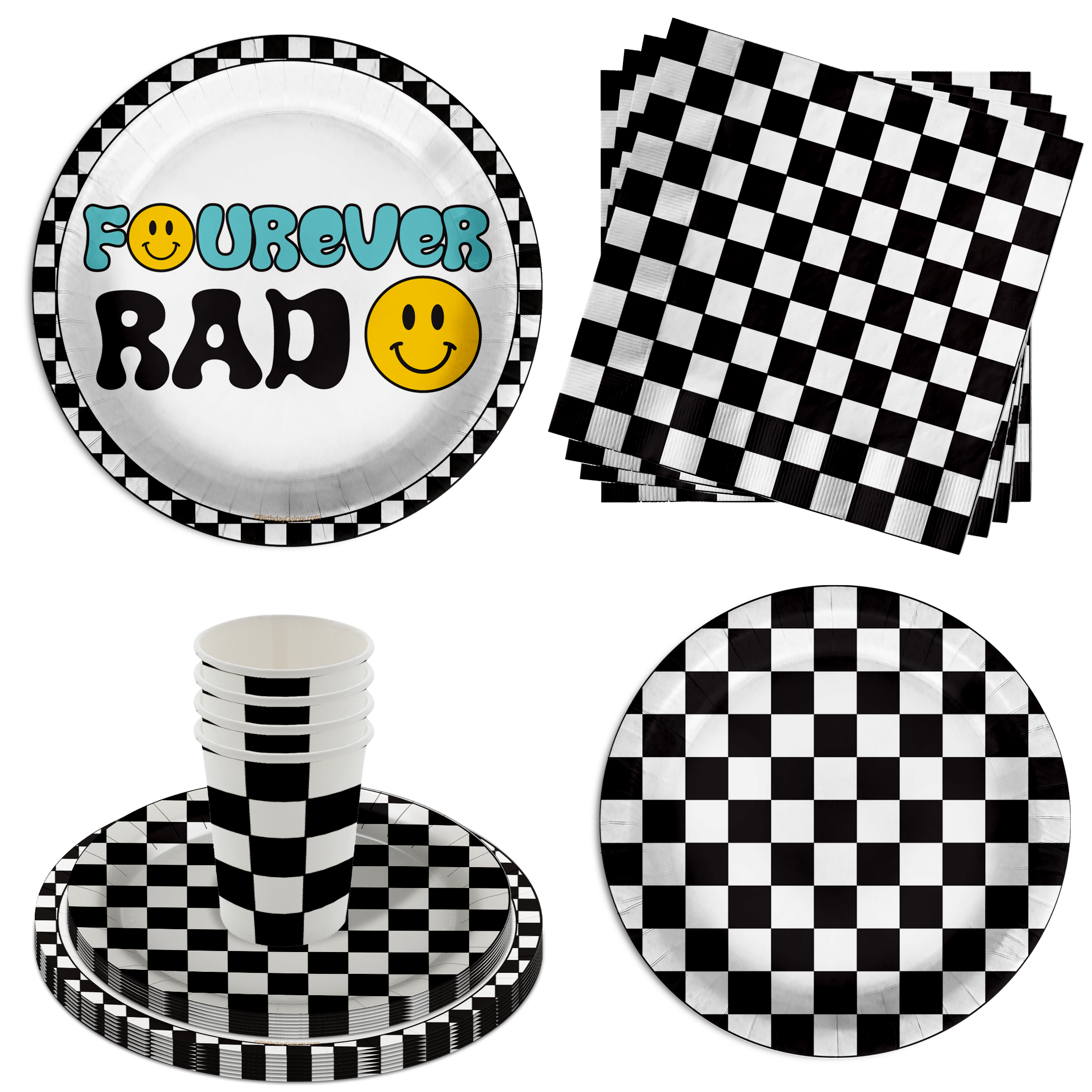 Fourever Rad Smiley Face 4th Birthday Party Supplies 64 Piece Tableware Set Includes Large 9" Dinner Plate and Small Dessert Plates Cups and Napkins Tableware Kit for 16
