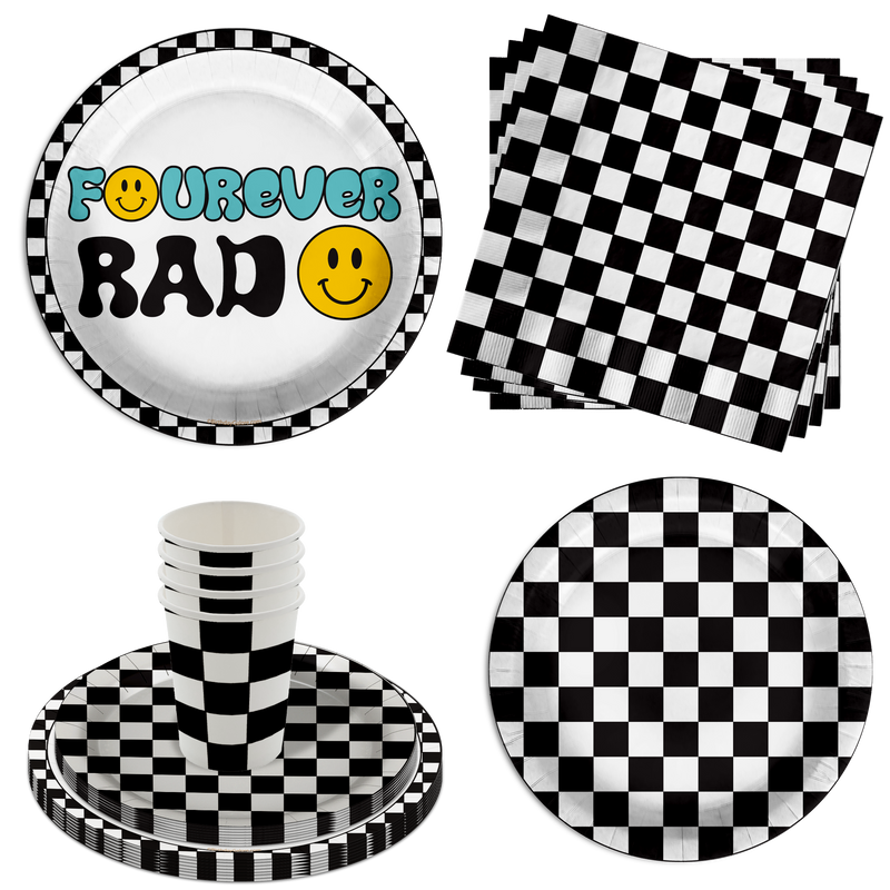 Fourever Rad Smiley Face 4th Birthday Party Supplies 64 Piece Tableware Set Includes Large 9" Dinner Plate and Small Dessert Plates Cups and Napkins Tableware Kit for 16