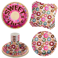 Girls 3rd Birthday Party Supplies - Sweet to Be Three Donut Birthday Paper Plates - 64 Piece Tableware Set Includes Large 9" Paper Plates Dessert Plates, Cups and Napkins Kit for 16
