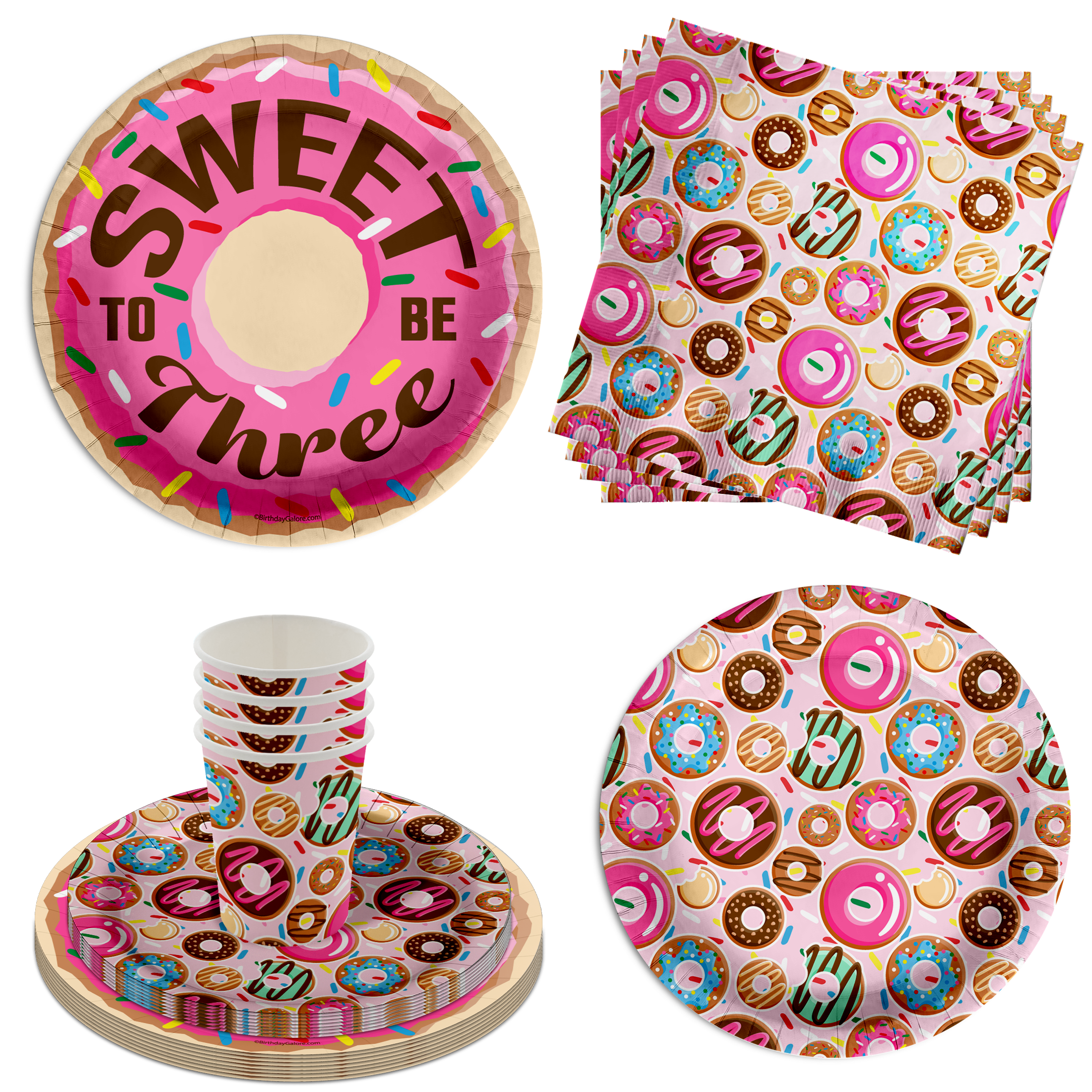 Girls 3rd Birthday Party Supplies - Sweet to Be Three Donut Birthday Paper Plates - 64 Piece Tableware Set Includes Large 9" Paper Plates Dessert Plates, Cups and Napkins Kit for 16