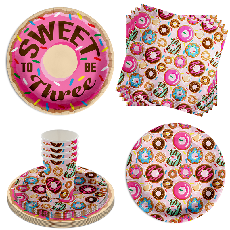 Girls 3rd Birthday Party Supplies - Sweet to Be Three Donut Birthday Paper Plates - 64 Piece Tableware Set Includes Large 9" Paper Plates Dessert Plates, Cups and Napkins Kit for 16