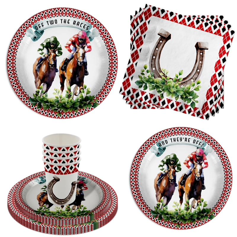 Off Two the Races Derby Day 2nd Birthday Party Supplies 64 Piece Tableware Set Includes Large 9" Paper Plates Dessert Plates, Cups and Napkins Kit for 16