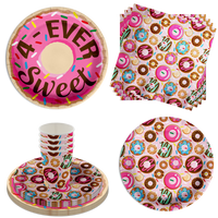 Girls 4th Birthday Party Supplies - Fourever Sweet Donut Birthday Paper Plates - 64 Piece Tableware Set Includes Large 9" Paper Plates Dessert Plates, Cups and Napkins Kit for 16